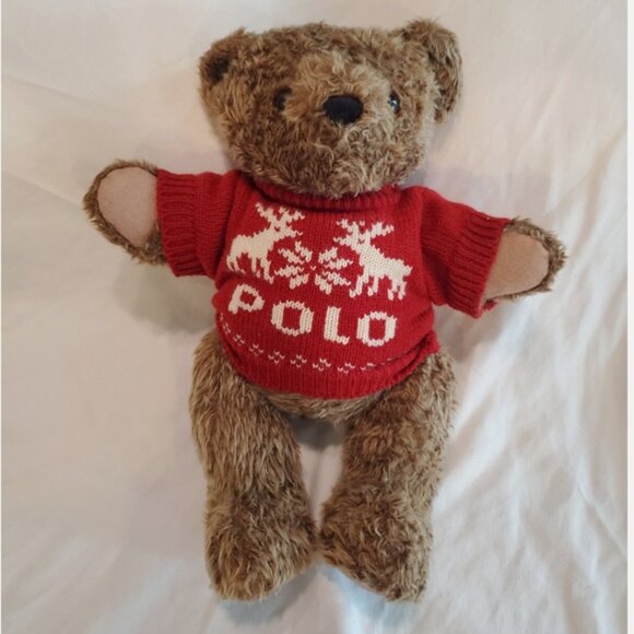Vintage Ralph Lauren Polo Teddy Bear Red Christmas Sweater Plush 1998 Brown - Picture 1 of 3